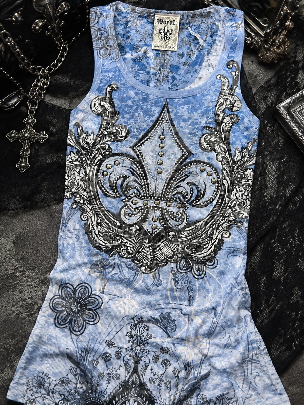 Vintage Y2K Vocal Rhinestone Fleur de Lis Graphic Tank Top Small Made in USA